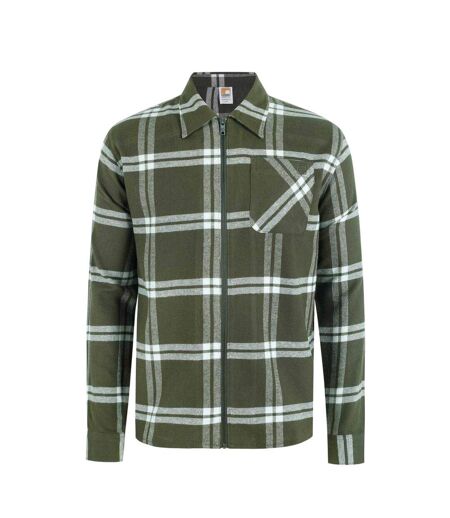 Mens Checked Flannel Full Zip Long-sleeved Shacket Khaki Green SoulCal