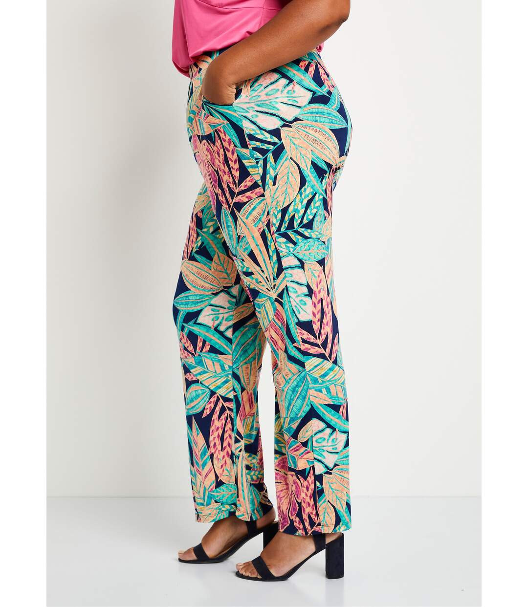 Pantalon large ceinture élastiquée feuillage-3