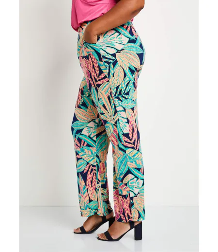 Pantalon large ceinture élastiquée feuillage