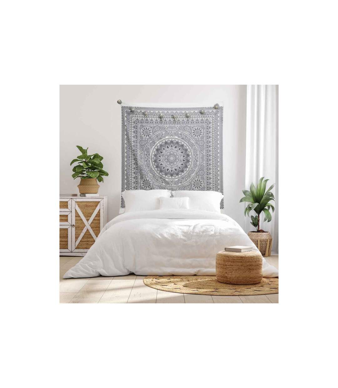Tapisserie Murale Déco Mandala 150x150cm Gris-3