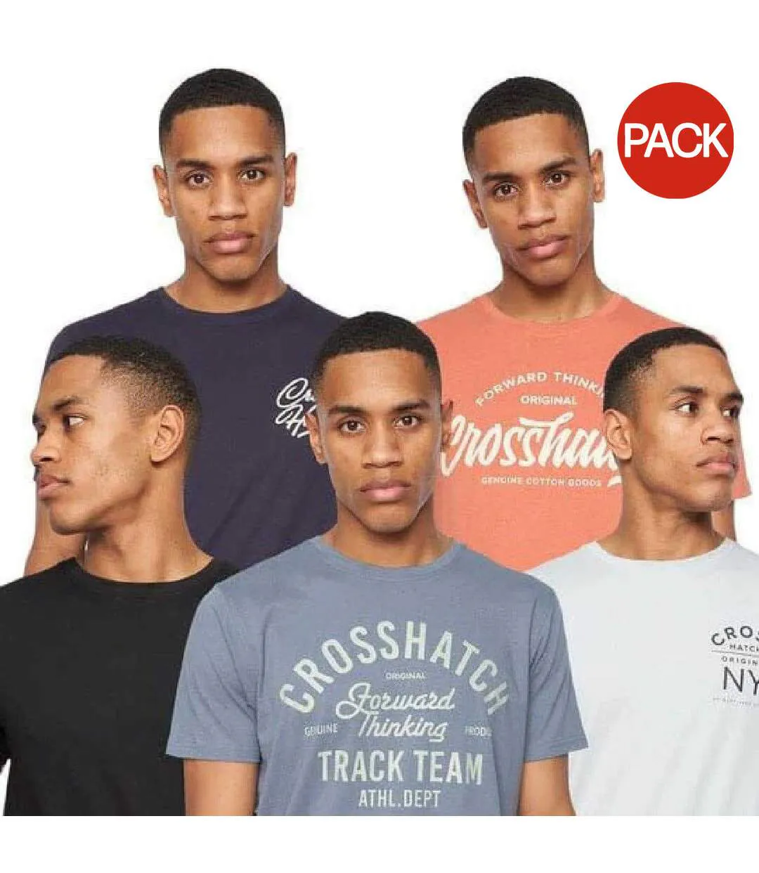 Pack Of 5  Mens Brandax Printed T-shirt  Navy Orange Black Grey Marl White Crosshatch-2