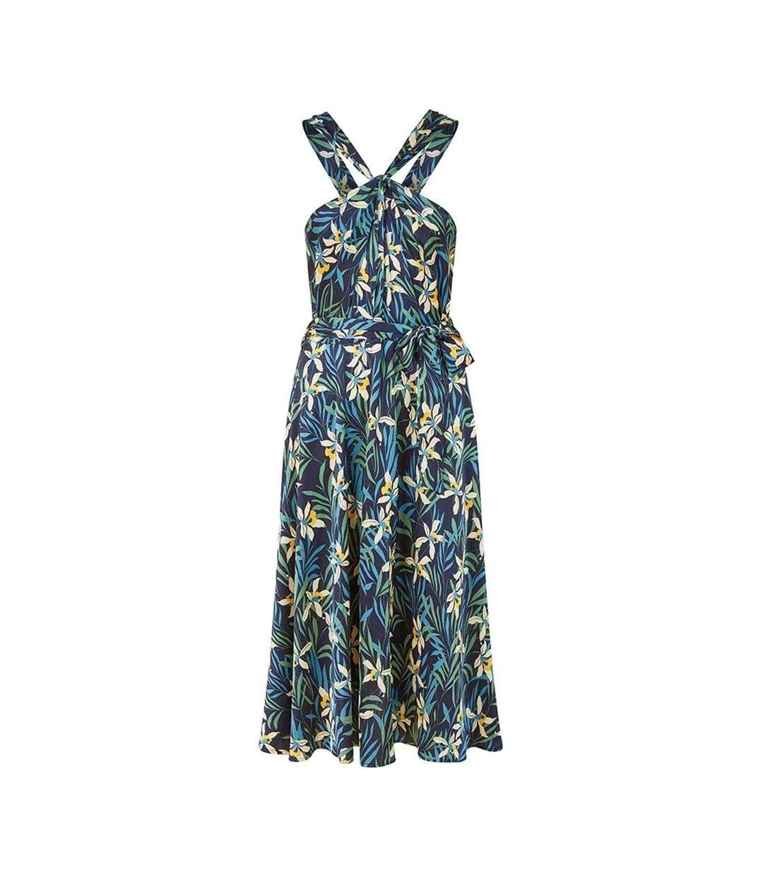 Robe Mi-longue Été Motif/style Fleurs Tropicales Femme Bleu Marine Yumi-2