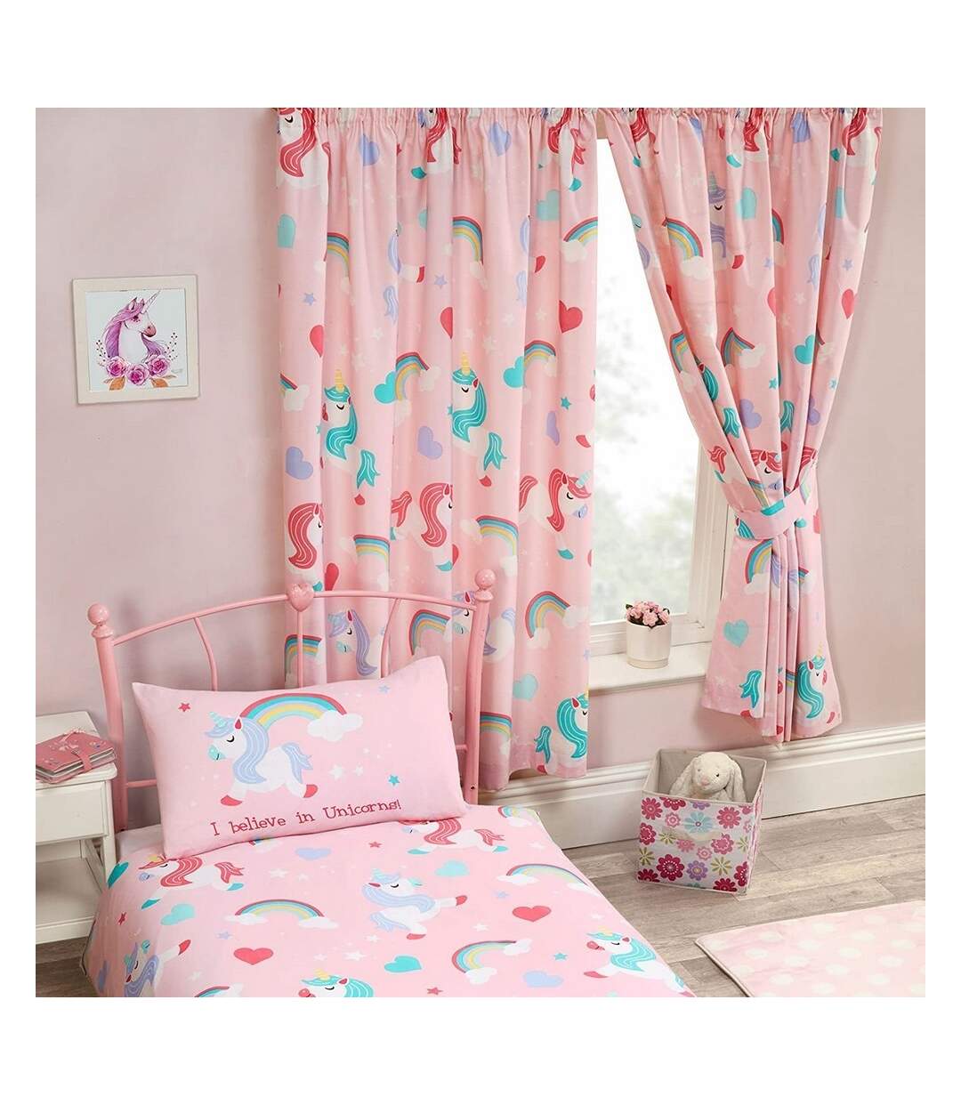 Pack of 2 I believe in unicorns lined curtains  72in x 66in pink Generic-3