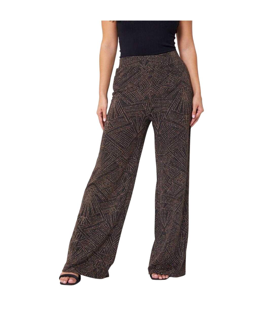 Womens/ladies Lurex Geometric High Rise Wide Leg Trousers Gold Silver Be You-2