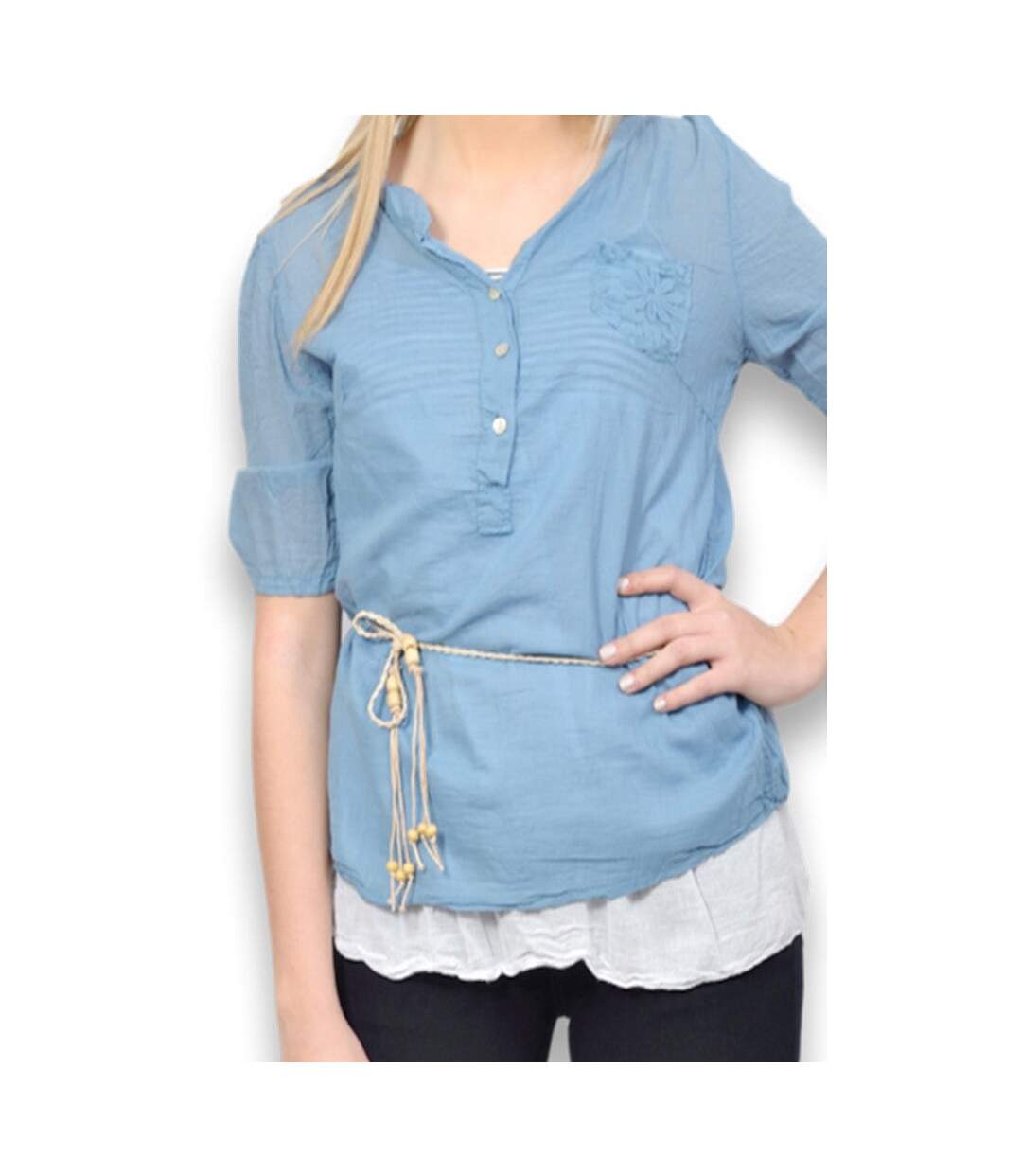 Chemise tunique femme manche 3/4 unie bleu coupe ajustée-4