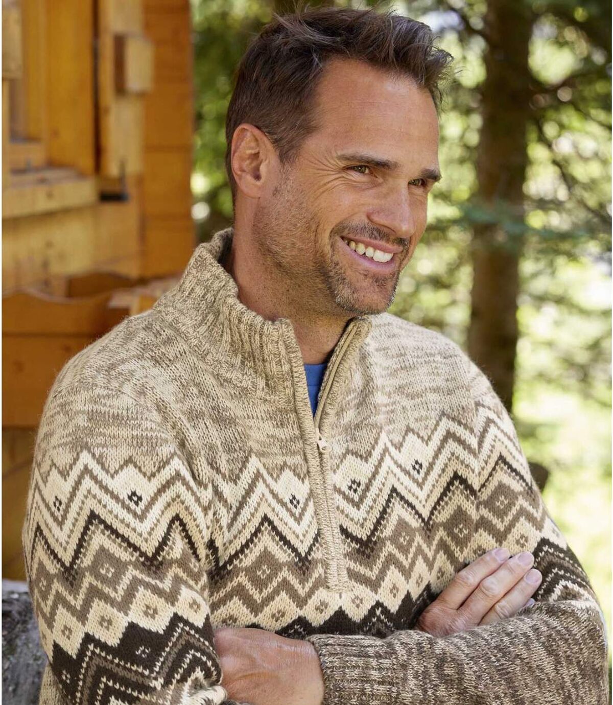 Men's Beige Patterned Sweater - Half Zip  Atlas For Men