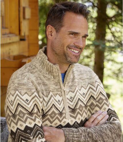 Men's Beige Patterned Knit Sweater - Quarter-Zip