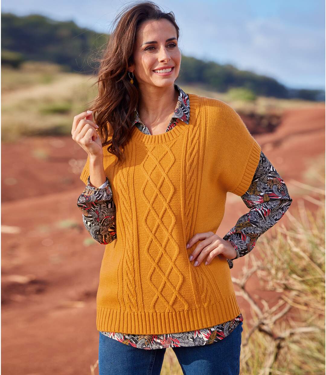 Women's Ochre Cable Knit Sleeveless Jumper-1