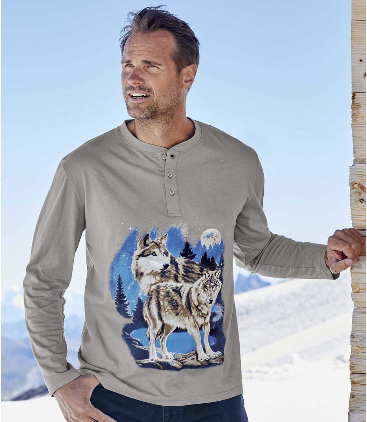 Pack of 2 Men's Wolf Print Long-Sleeved T-Shirts - Blue Grey Atlas For Men