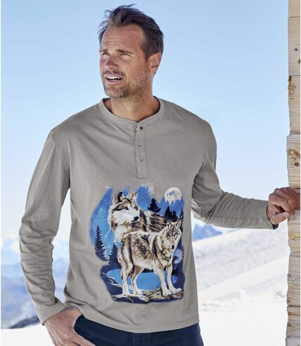 Pack of 2 Men's Wolf Print Long-Sleeved T-Shirts - Blue Grey