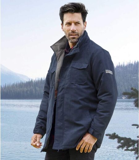 Men's Hooded Navy Faux-Suede Coat with Fleece Lining - Full Zip - Water-Repellent