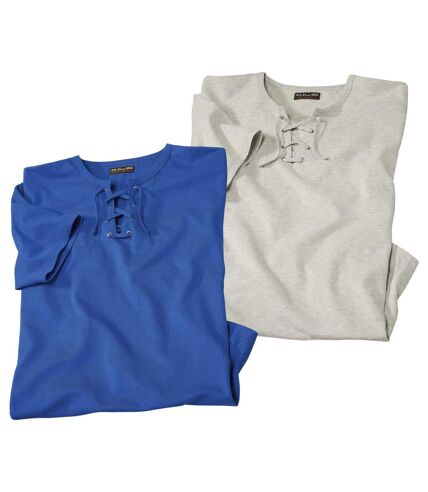 Pack of 2 Men's Lace-Up Neck T-Shirts - Ecru Blue