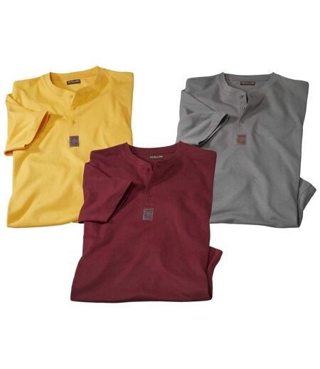 Pack of 3 Men's Button-Neck T-Shirts - Burgundy Yellow Grey