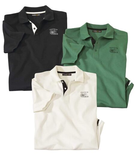 Pack of 3 Men's Classic Polo Shirts - Green Black White