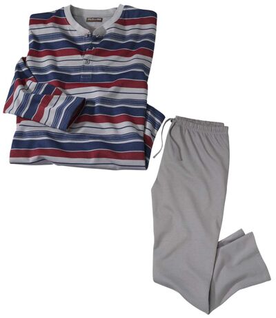 Men's Striped Soft Cotton Pyjamas - Grey Blue Burgundy