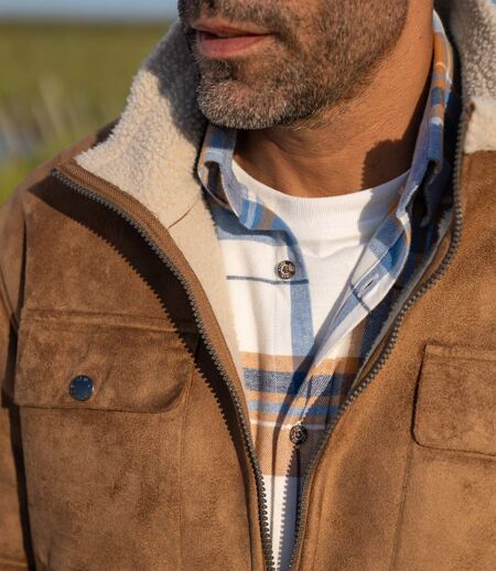 Men's Camel Sherpa-Lined Faux-Suede Jacket