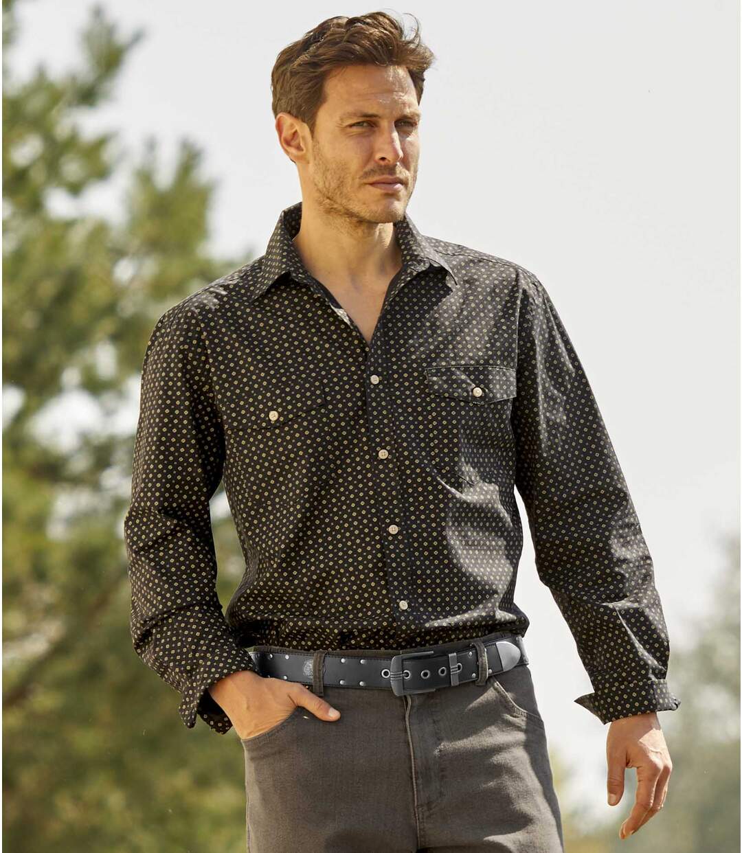 Men's Printed Black Poplin Shirt - Long Sleeves Atlas For Men