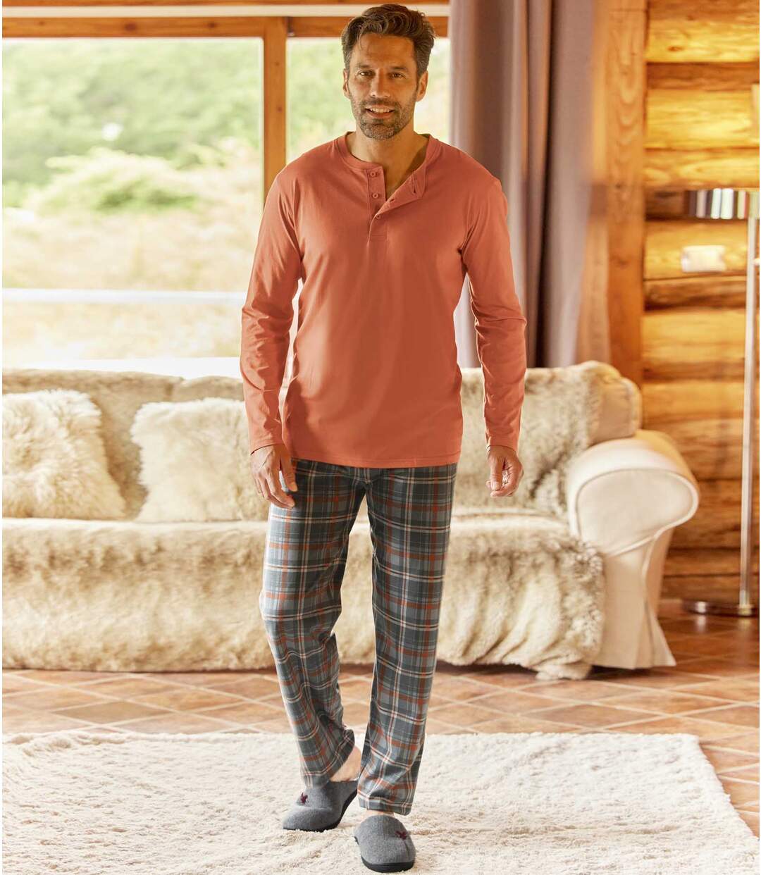 Men's Orange & Grey Checked Jersey Pyjamas Atlas For Men