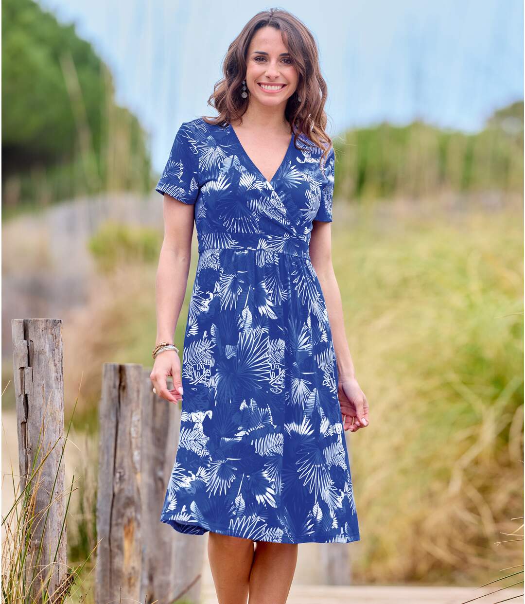 Women's Blue Printed Wrap Dress 