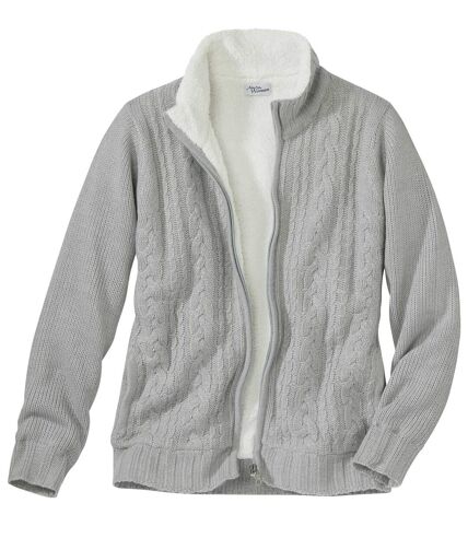 Women’s Grey Knitted Jacket with Fleece Lining - Full Zip