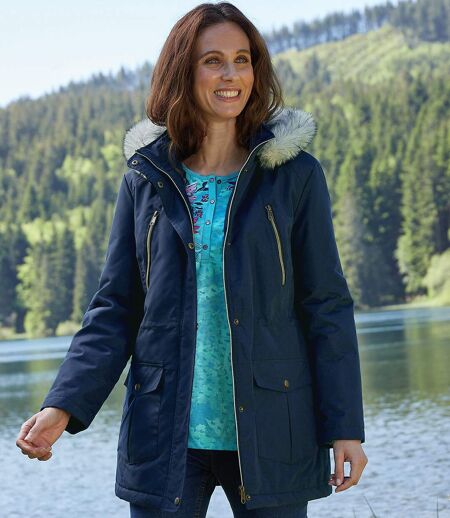 Women's Navy Parka with Faux-Fur Hood - Water-Repellent