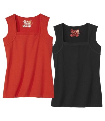 Pack of 2 Women's Square-Neck Vest Tops - Black Red