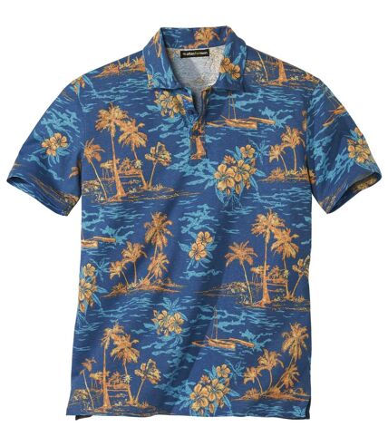 Men's Palm Print Polo Shirt - Blue Orange