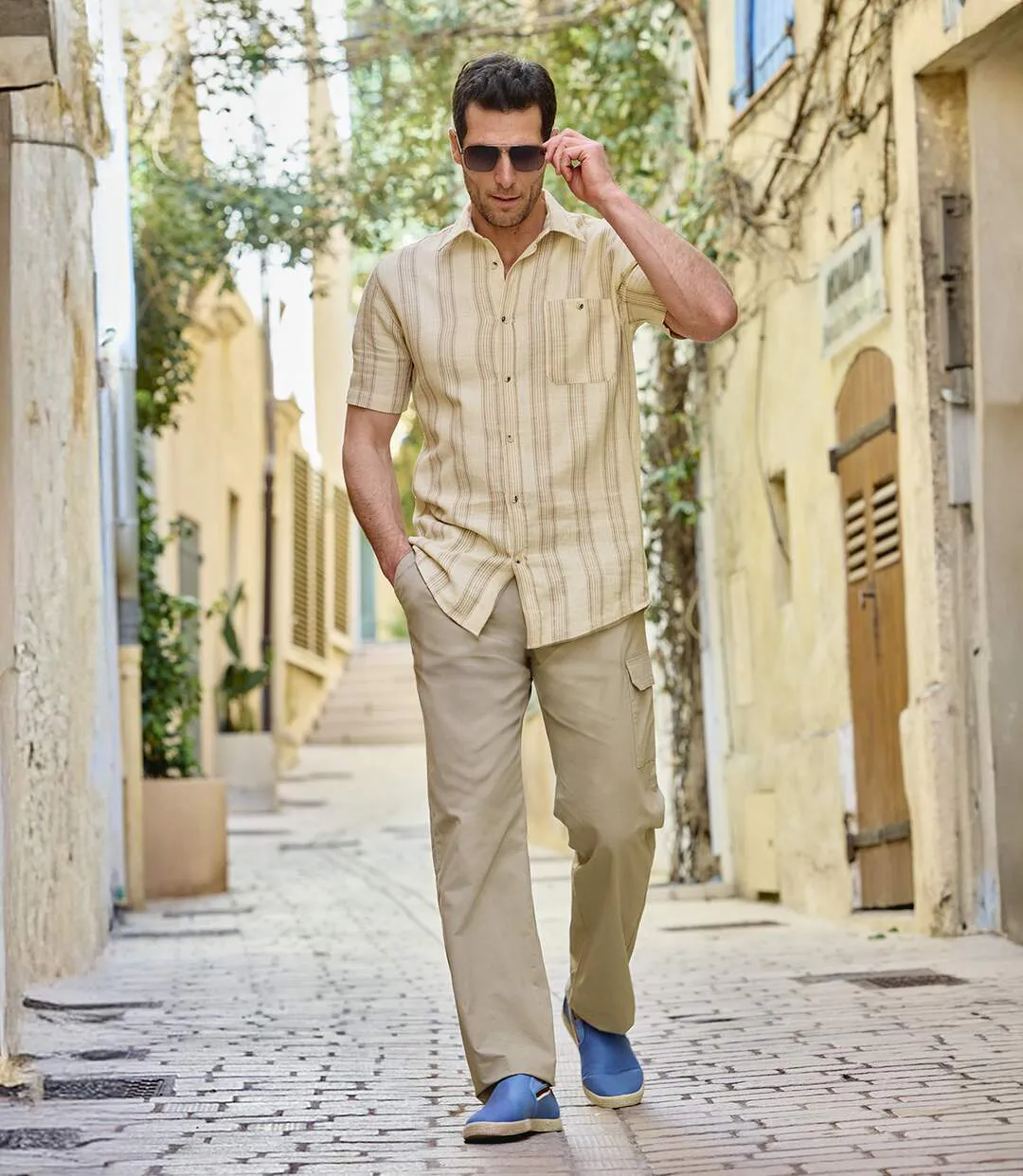Men's Striped Textured Cotton Shirt - Ecru-3