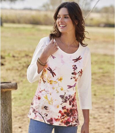 Women's Dragonfly Motif T-Shirt with Three-Quarter Sleeves