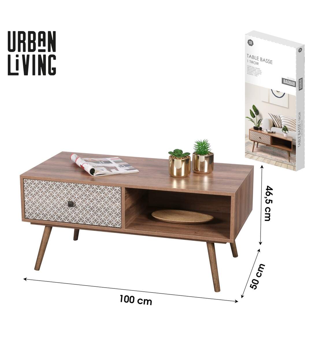 Table basse Baobab en MDF 1 tiroirs et 1 niche ouverte - L.100 cm x H.45,5 cm - Marron-4