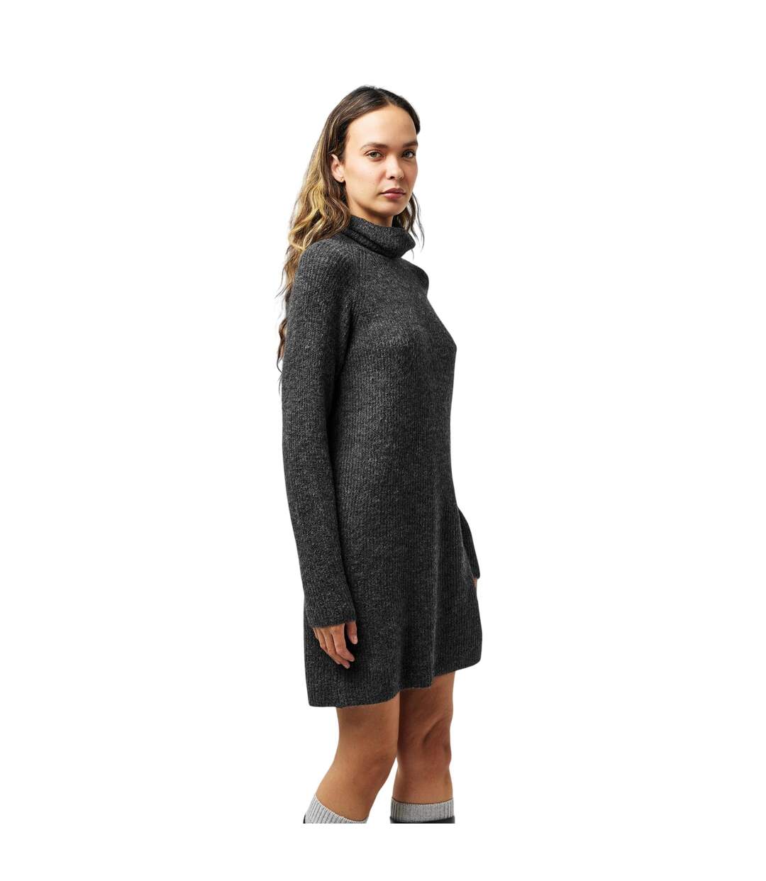 Womens/ladies Turtle Neck Sweater Dress Dark Grey Melange Melange Pieces-4