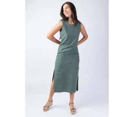 Robe longue encolure ronde CHARLINE unie kaki Coton Du Monde