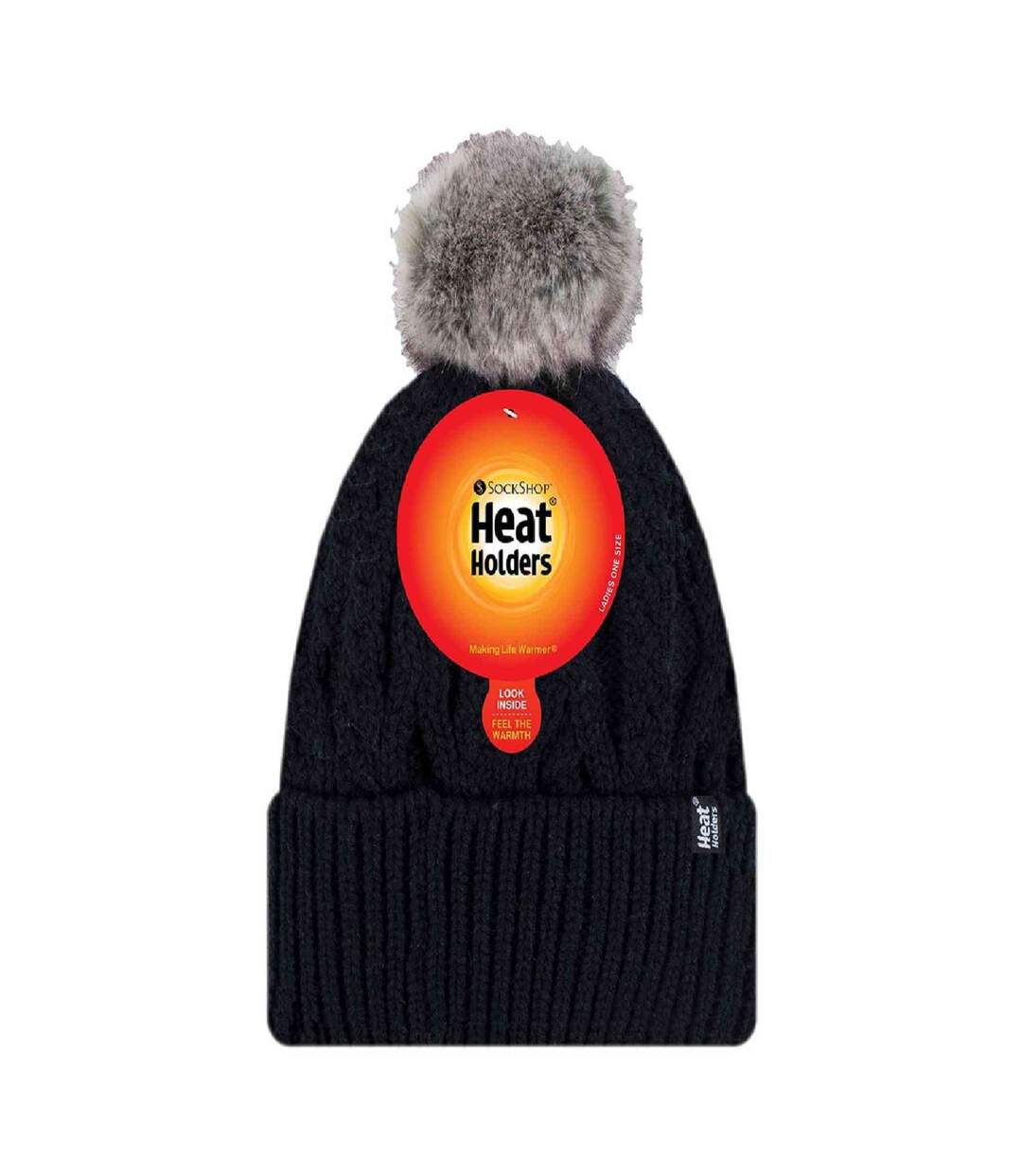 Ladies Knitted Turnover Cuffed Pom Pom Beanie Hat with Bobble-2