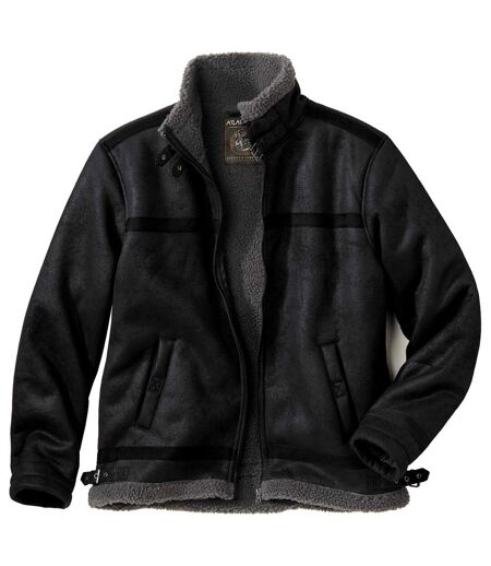 Men's Black Faux Suede Jacket - Sherpa Lining - Full Zip