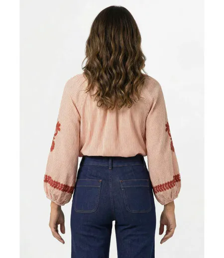 Blouse rayée avec broderies feuillages