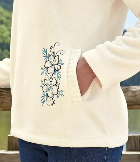 Women's Ecru Embroidered Fleece Jumper  