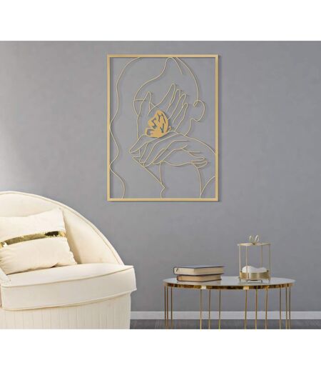 Décoration Murale Encadrée en Métal Mains Visage 80cm Or
