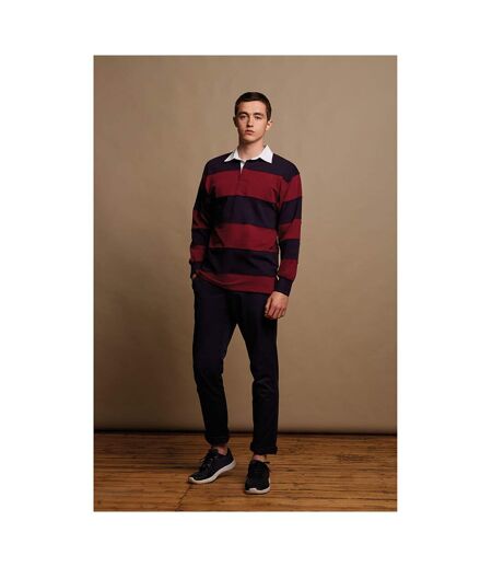 Front Row Sewn Stripe Long Sleeve Sports Rugby Polo Shirt (Burgundy/Navy)