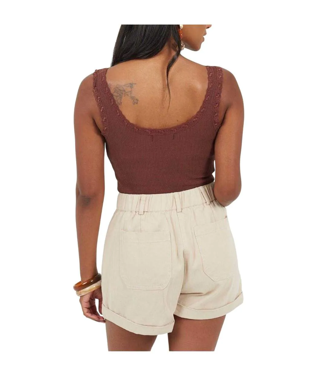 Womens/ladies Lace Trim Ribbed Bodysuit Chocolate Brave Soul-3