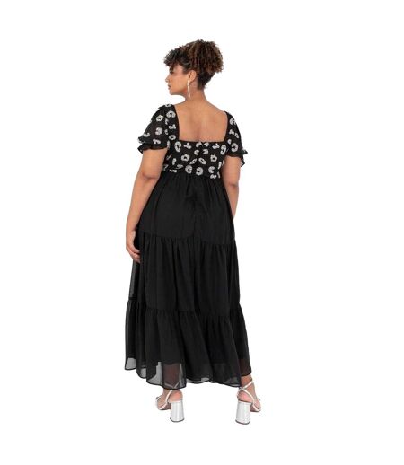 Womens/ladies Square Neck Short-sleeved Midi Dress Black Lovedrobe