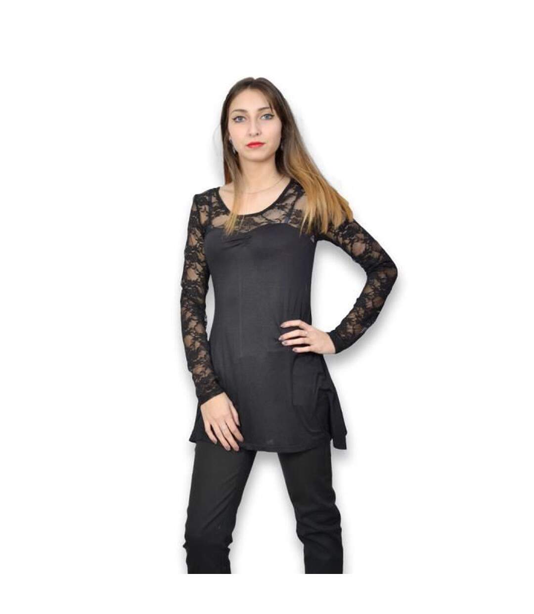 Robe femme habillée de couleur noir dentelle aux manches-1