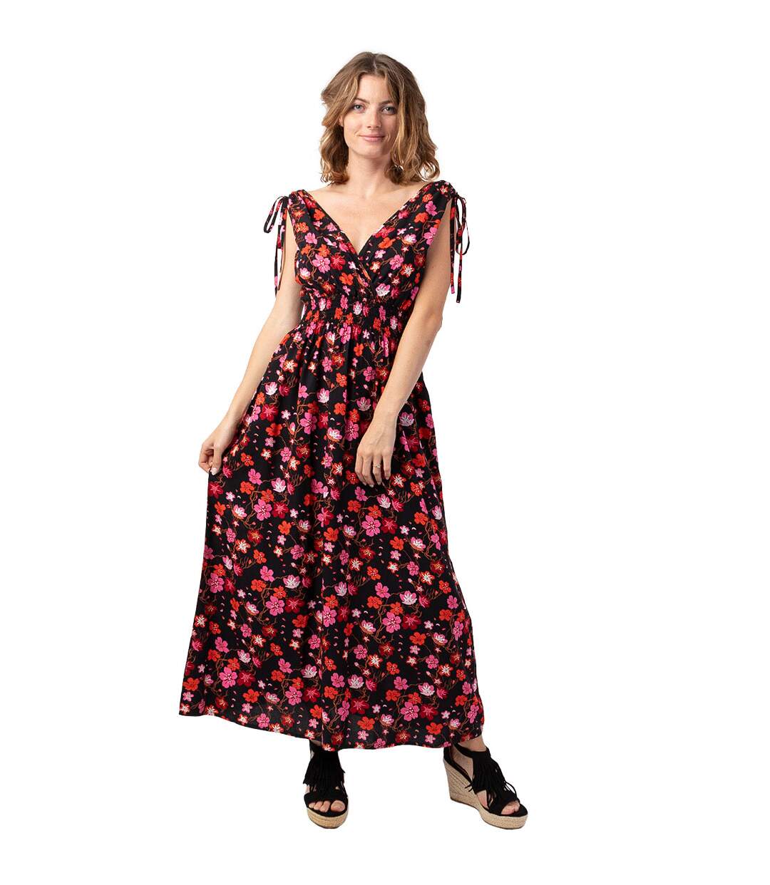 Robe longue larges bretelles TAMARA noire imprimé fleurs Coton Du Monde