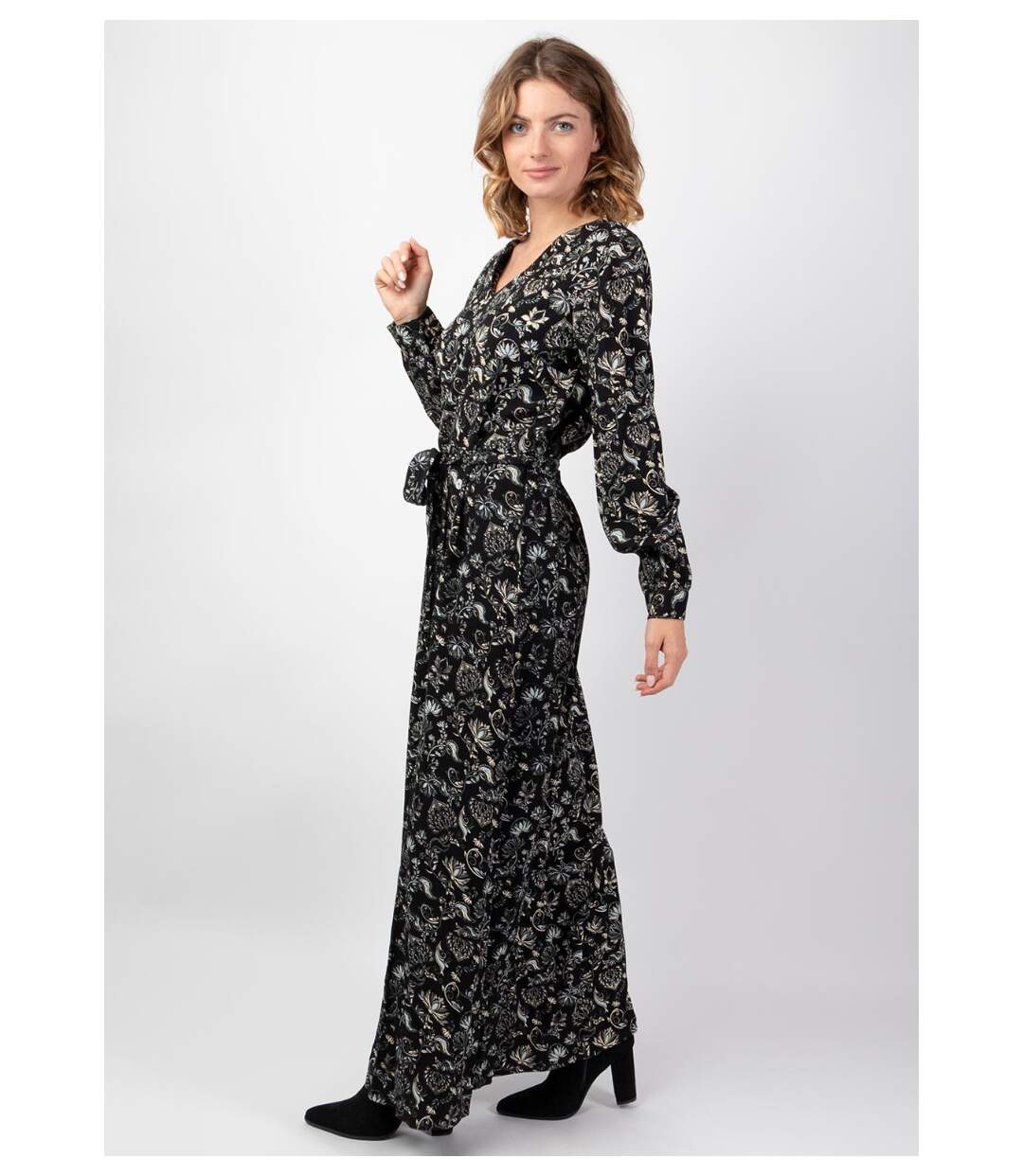 Robe longue hiver en twill de viscose GAYA motif ethnique noir Coton Du Monde-3