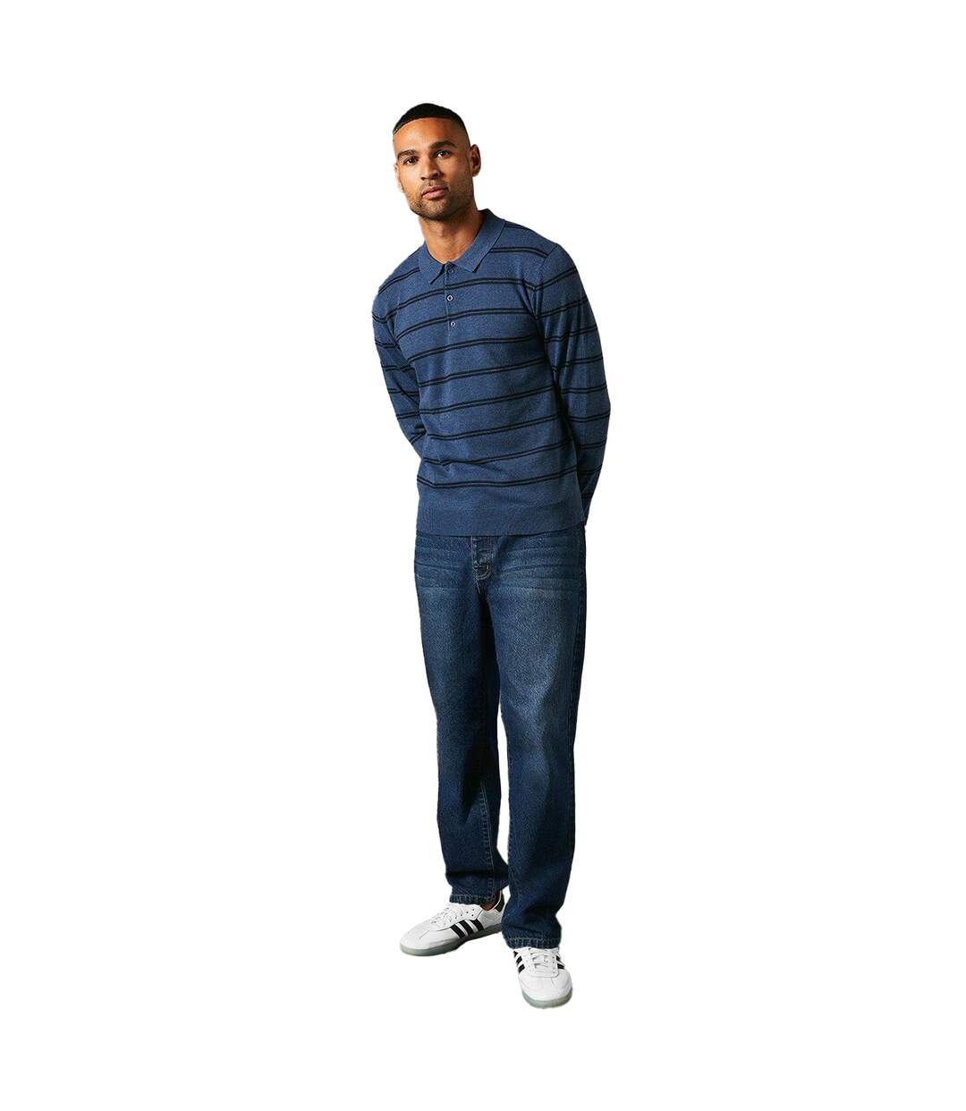 Mens stripe knitted long-sleeved polo shirt blue Maine-4