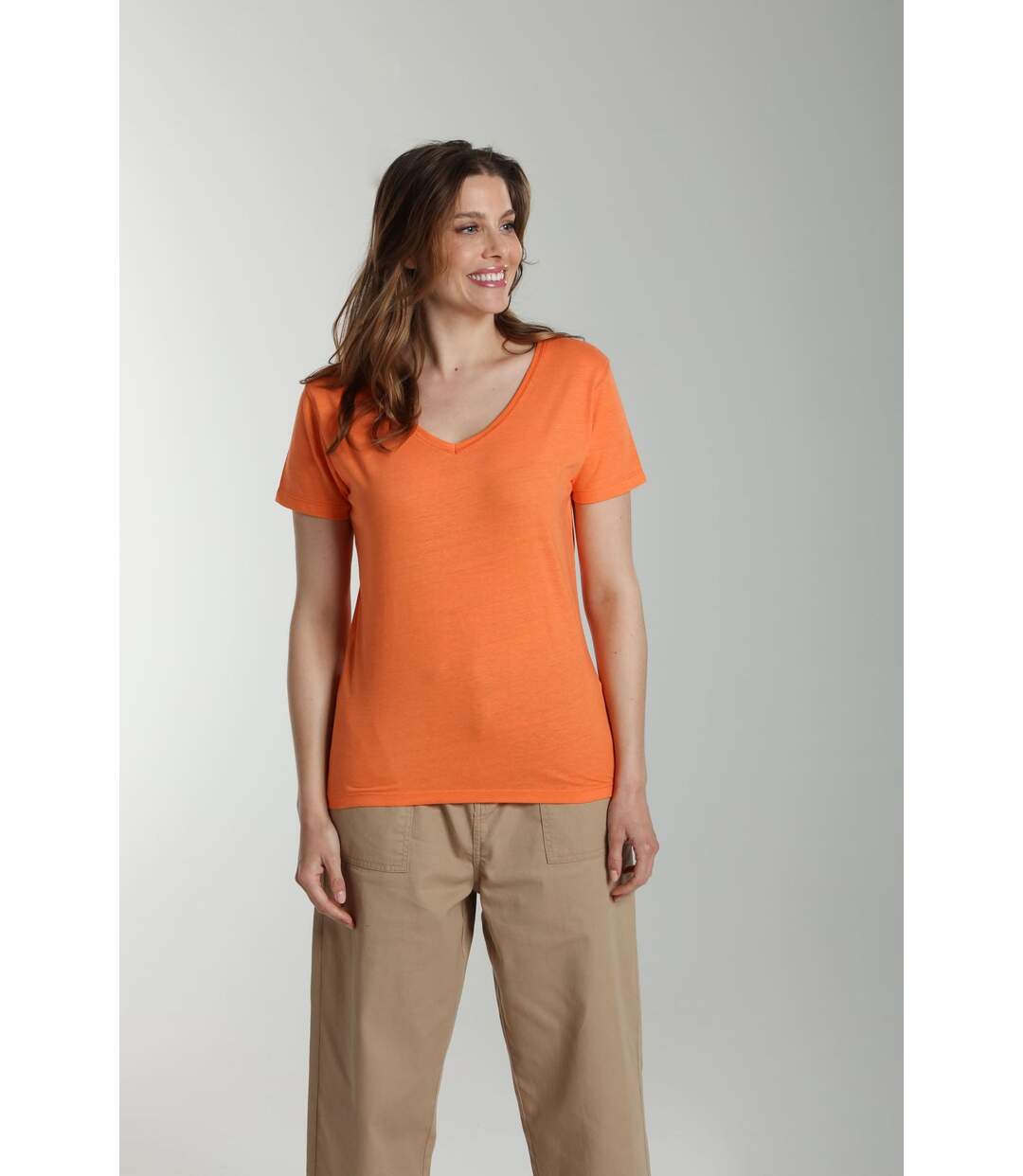 Tee shirt col v manches courtes femme Maddy Corail Rose(Orange) | Gerard Pasquier-3