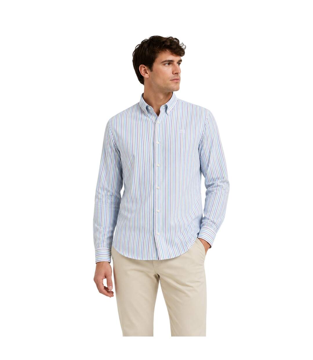 Mens Striped Collared Long-sleeved Button-down Shirt White Timberland-1