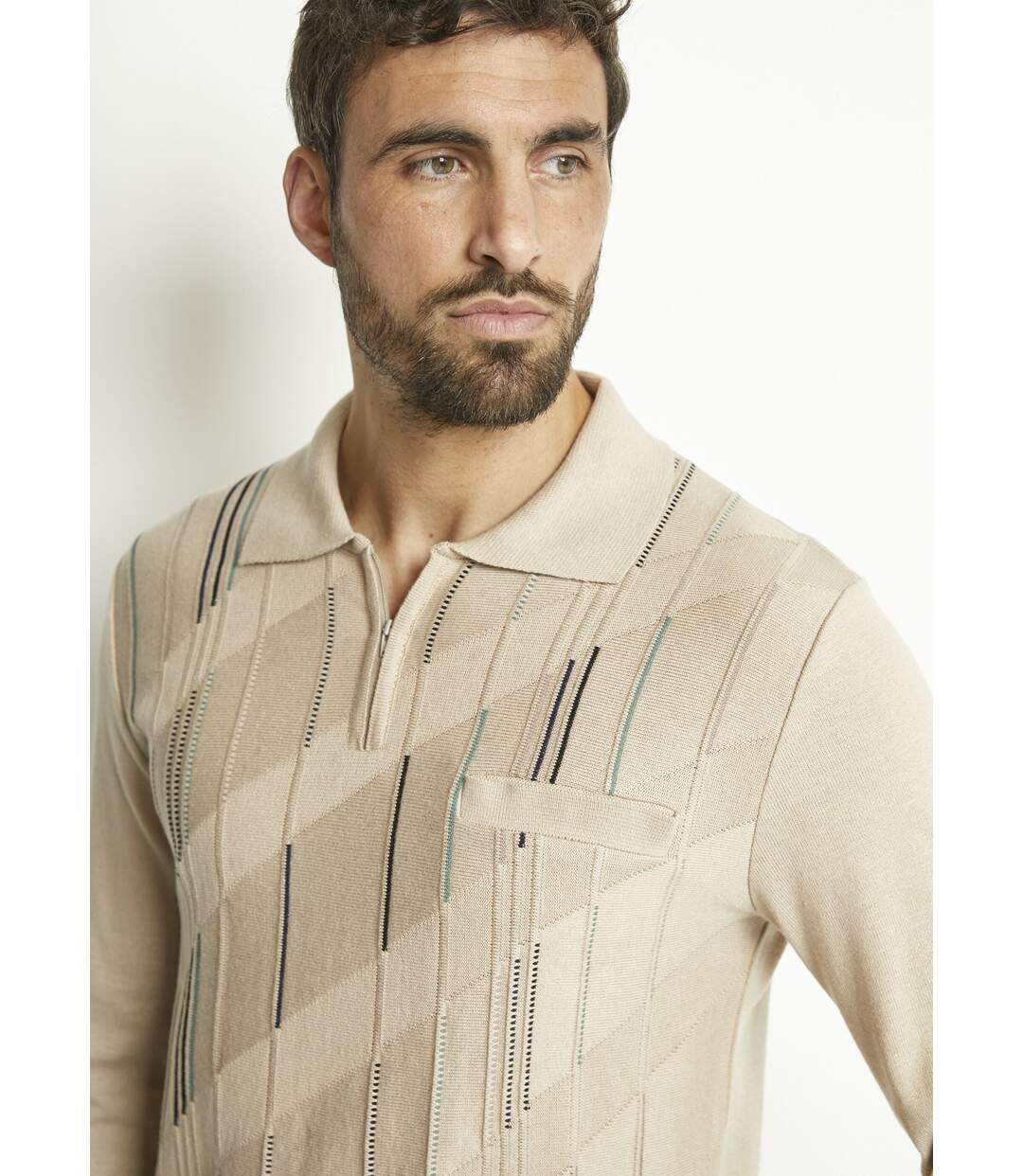 Pull col polo zippé manches longues coton jacquard-4