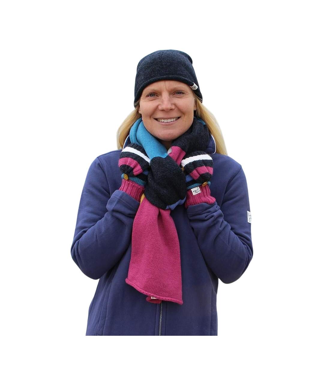 Ensemble Bonnet, Gants Et Écharpe Motif/style Contrasté Sage Femme Noir Bleu Rose Lazy Jacks-4