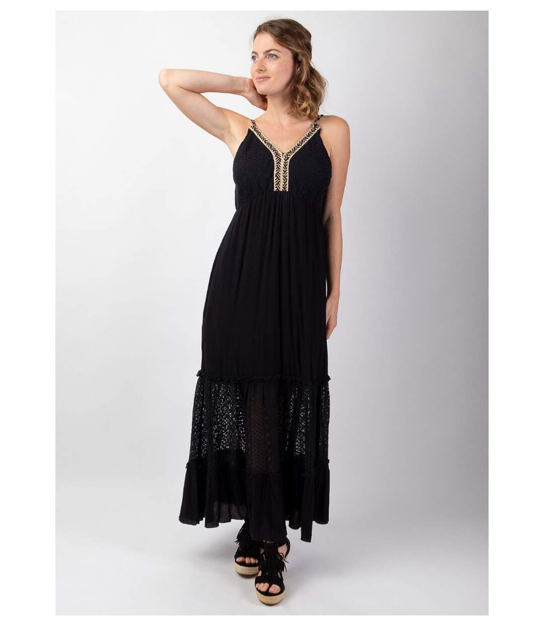 Robe longue bohème chic tendance TIARA noire Coton Du Monde