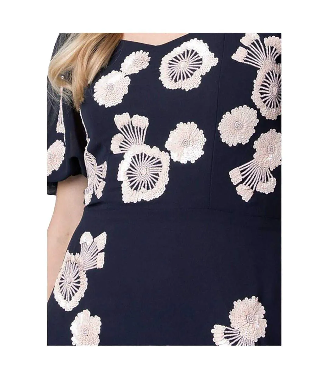 Robe Longue Manches Bouffantes Motif/style Broderie Florale Femme Bleu Marine Maya Deluxe-3